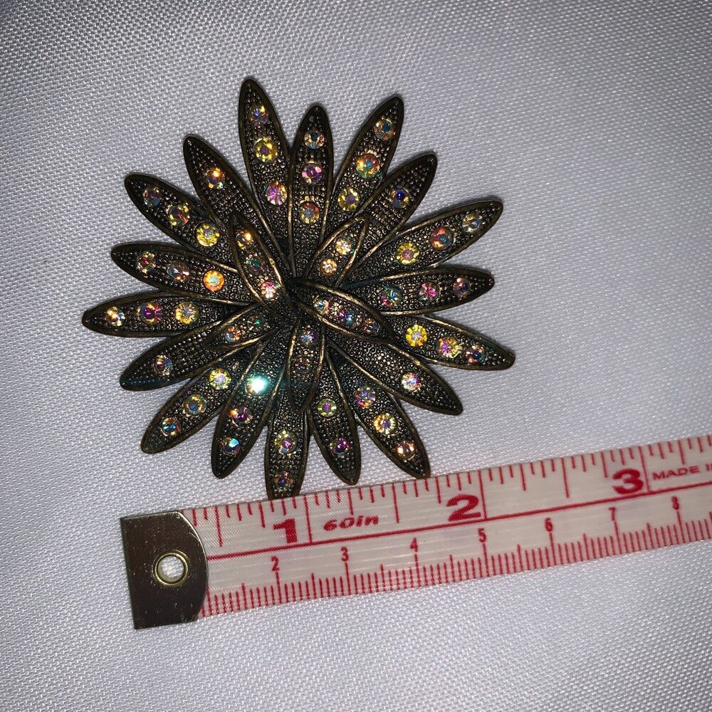 Vintage Sea Urchin Brooch N1,1980's Gold Iridescence Color Rhinestone Brooch - Picture 5 of 13